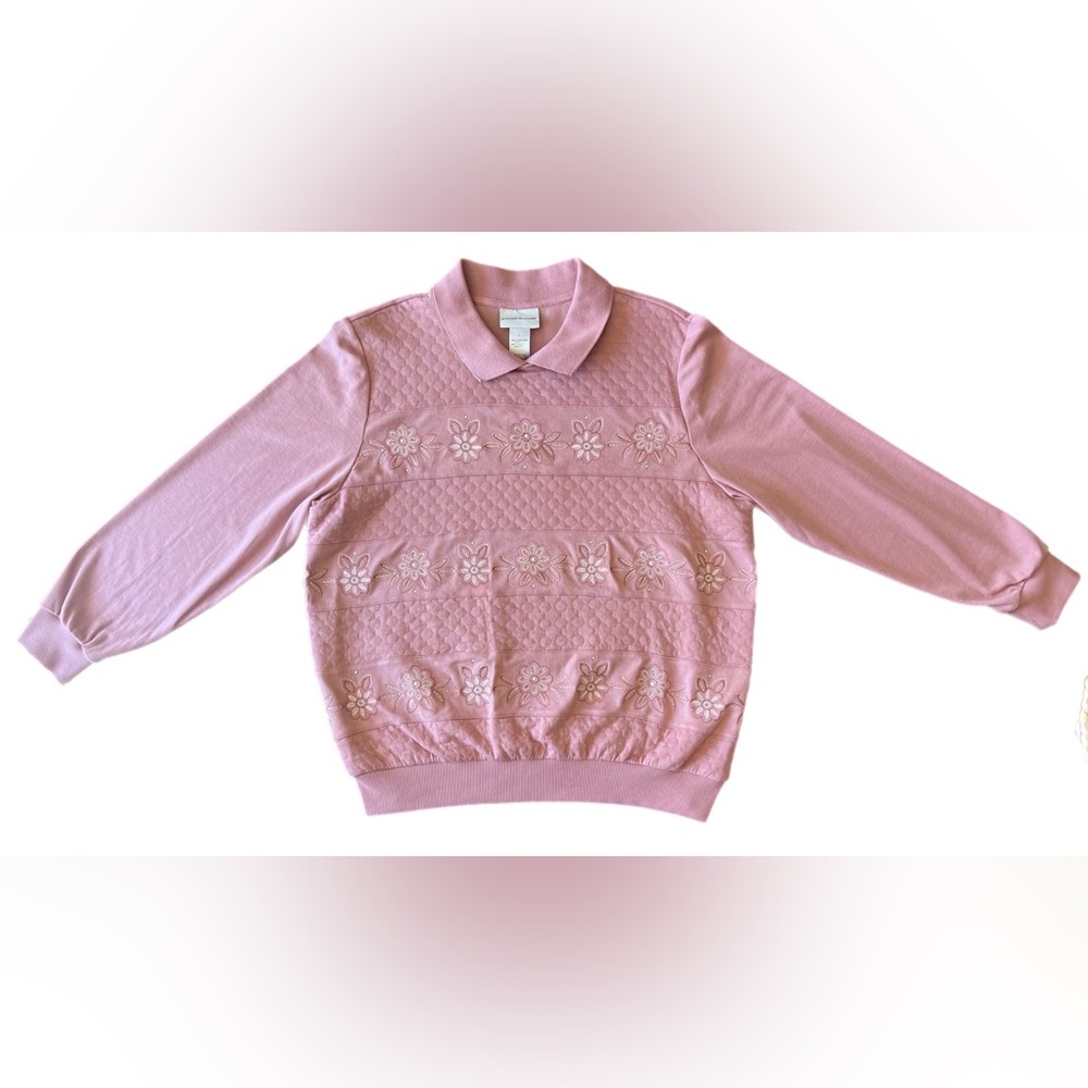 Alfred Dunner Women’s Dusty Pink Embroidered Collared Long Sleeve Sweater Size L